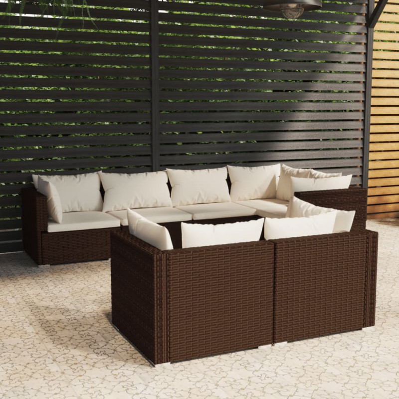 7-tlg. Garten-Lounge-Set mit Kissen Braun Poly Rattan