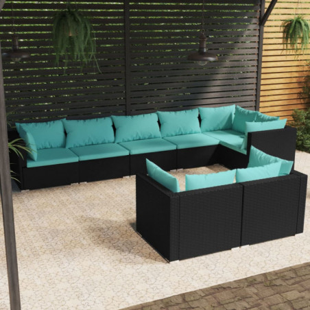 8-tlg. Garten-Lounge-Set mit Kissen Schwarz Poly Rattan