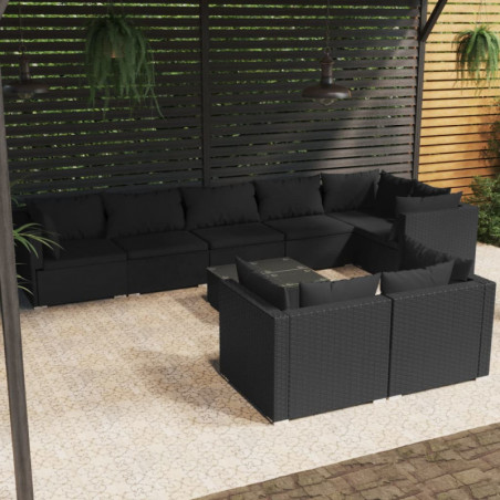 9-tlg. Garten-Lounge-Set mit Kissen Schwarz Poly Rattan