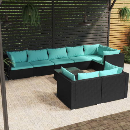 9-tlg. Garten-Lounge-Set mit Kissen Schwarz Poly Rattan