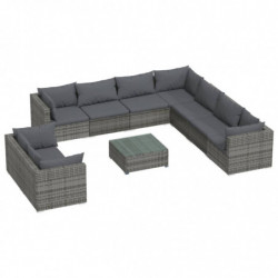 10-tlg. Garten-Lounge-Set mit Kissen Grau Poly Rattan