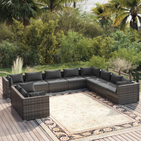 10-tlg. Garten-Lounge-Set mit Kissen Grau Poly Rattan