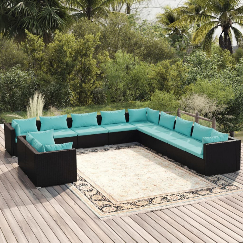 11-tlg. Garten-Lounge-Set mit Kissen Schwarz Poly Rattan