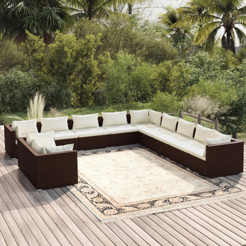 11-tlg. Garten-Lounge-Set mit Kissen Braun Poly Rattan