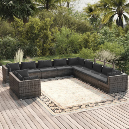 11-tlg. Garten-Lounge-Set mit Kissen Grau Poly Rattan