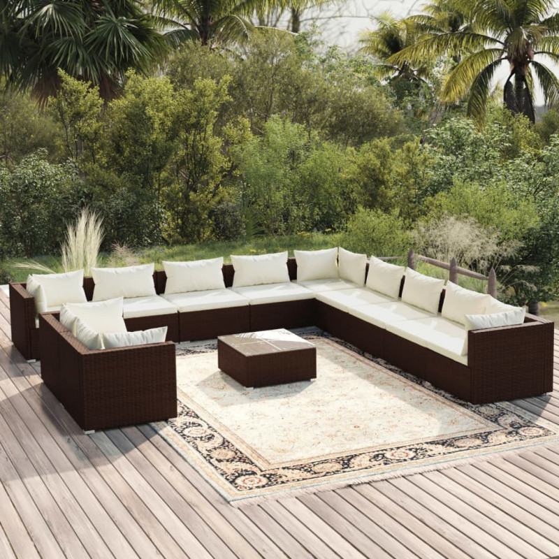 12-tlg. Garten-Lounge-Set mit Kissen Braun Poly Rattan