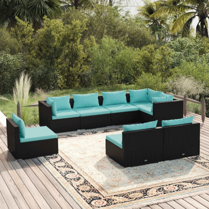 8-tlg. Garten-Lounge-Set mit Kissen Poly Rattan Schwarz