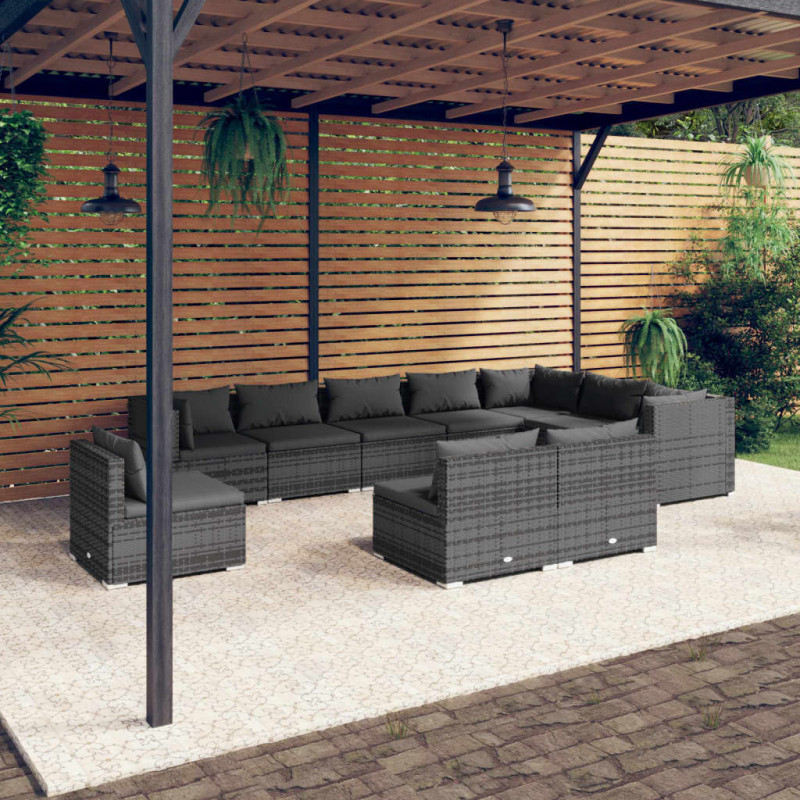 10-tlg. Garten-Lounge-Set mit Kissen Poly Rattan Grau