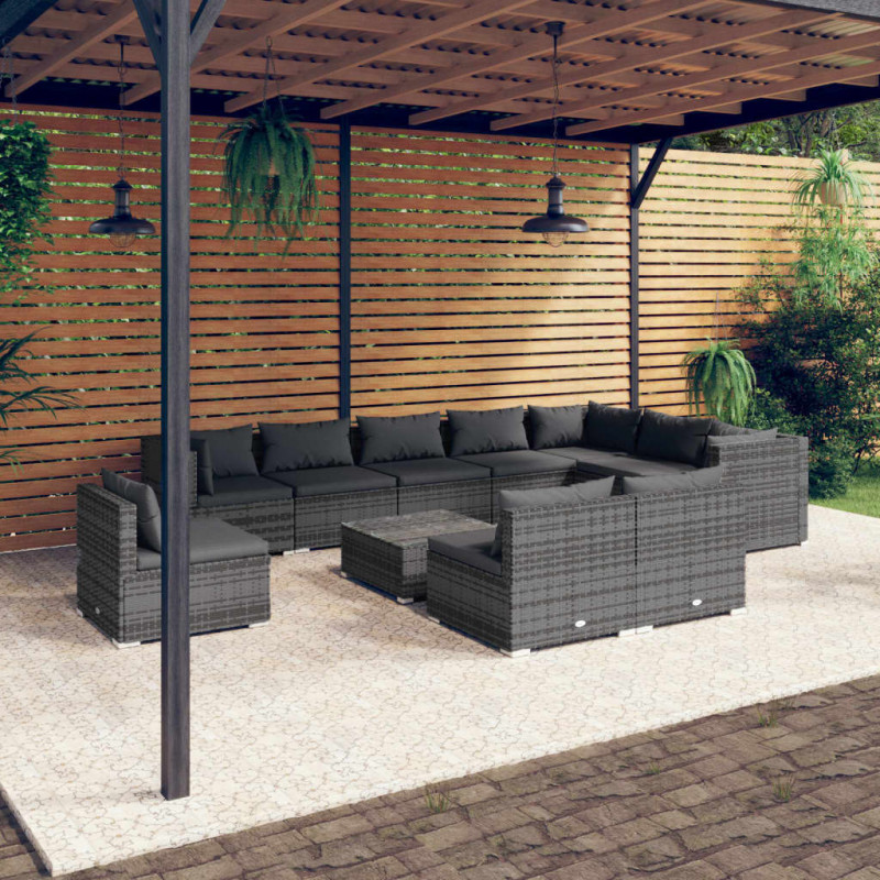 11-tlg. Garten-Lounge-Set mit Kissen Poly Rattan Grau