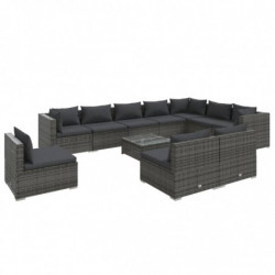 11-tlg. Garten-Lounge-Set mit Kissen Poly Rattan Grau