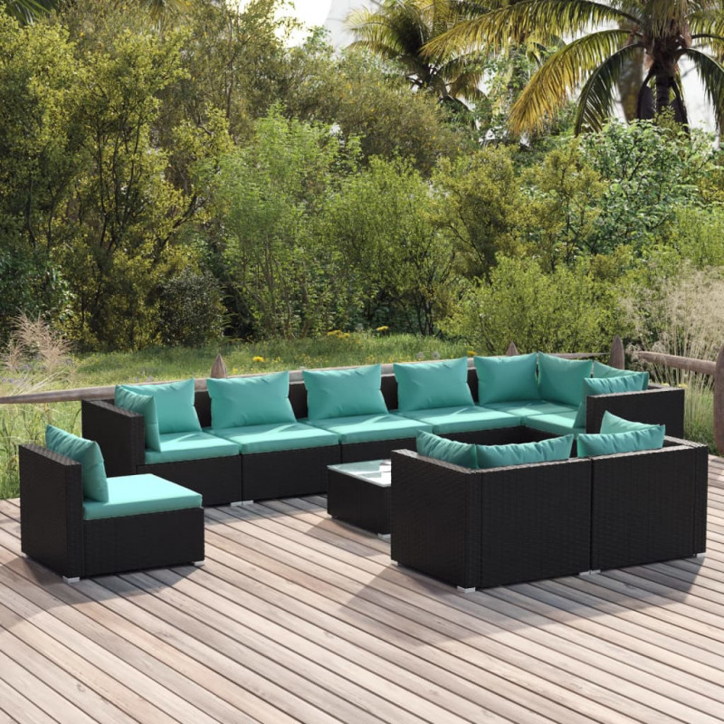 10-tlg. Garten-Lounge-Set mit Kissen Poly Rattan Schwarz