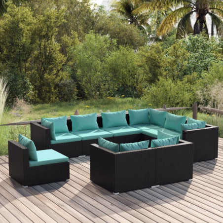 9-tlg. Garten-Lounge-Set mit Kissen Poly Rattan Schwarz