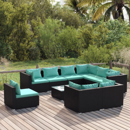 10-tlg. Garten-Lounge-Set mit Kissen Poly Rattan Schwarz