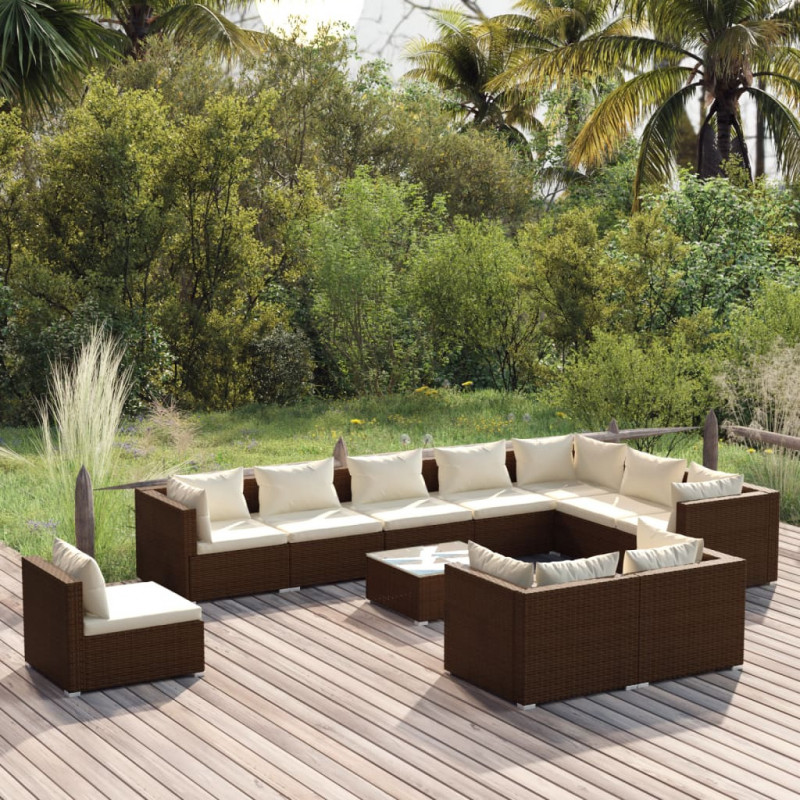 11-tlg. Garten-Lounge-Set mit Kissen Poly Rattan Braun