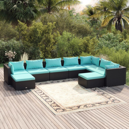 9-tlg. Garten-Lounge-Set mit Kissen Poly Rattan Schwarz