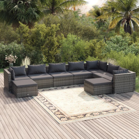 9-tlg. Garten-Lounge-Set mit Kissen Poly Rattan Grau