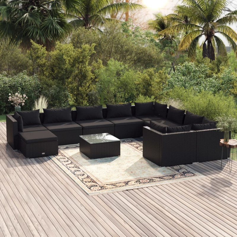 11-tlg. Garten-Lounge-Set mit Kissen Poly Rattan Schwarz