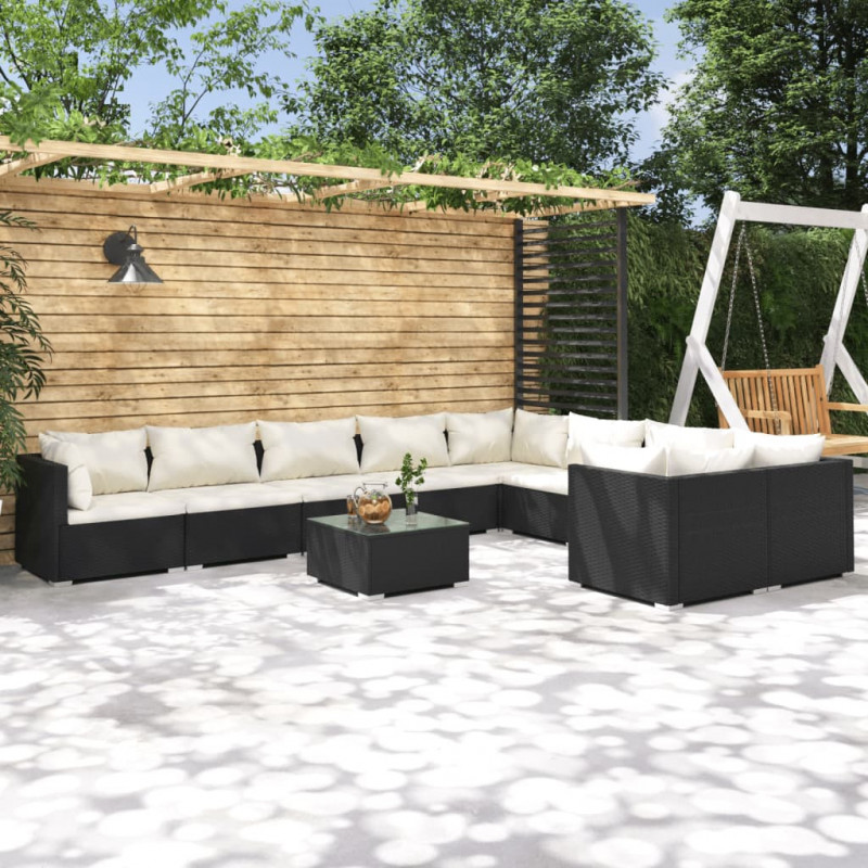 10-tlg. Garten-Lounge-Set mit Kissen Poly Rattan Schwarz