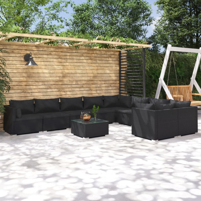 10-tlg. Garten-Lounge-Set mit Kissen Poly Rattan Schwarz