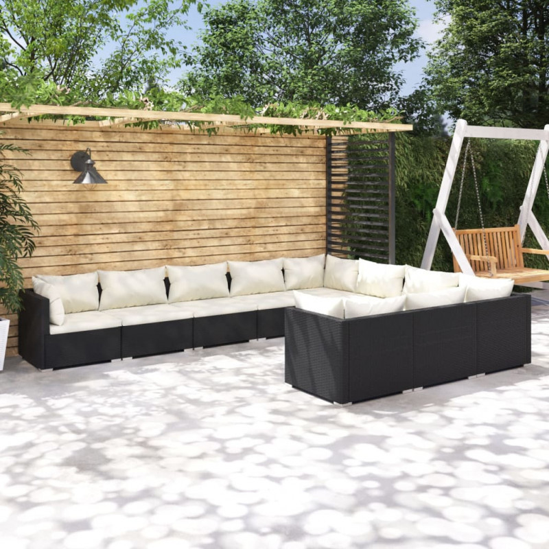 10-tlg. Garten-Lounge-Set mit Kissen Poly Rattan Schwarz