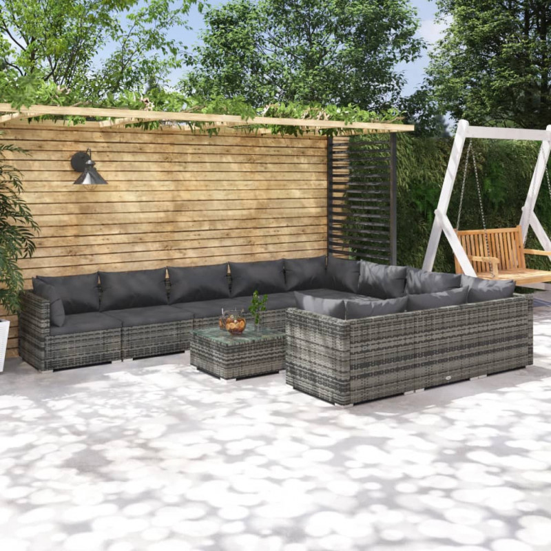 11-tlg. Garten-Lounge-Set mit Kissen Poly Rattan Grau