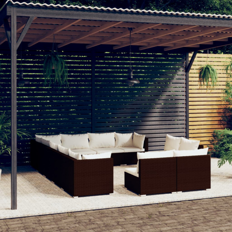 12-tlg. Garten-Lounge-Set mit Kissen Braun Poly Rattan