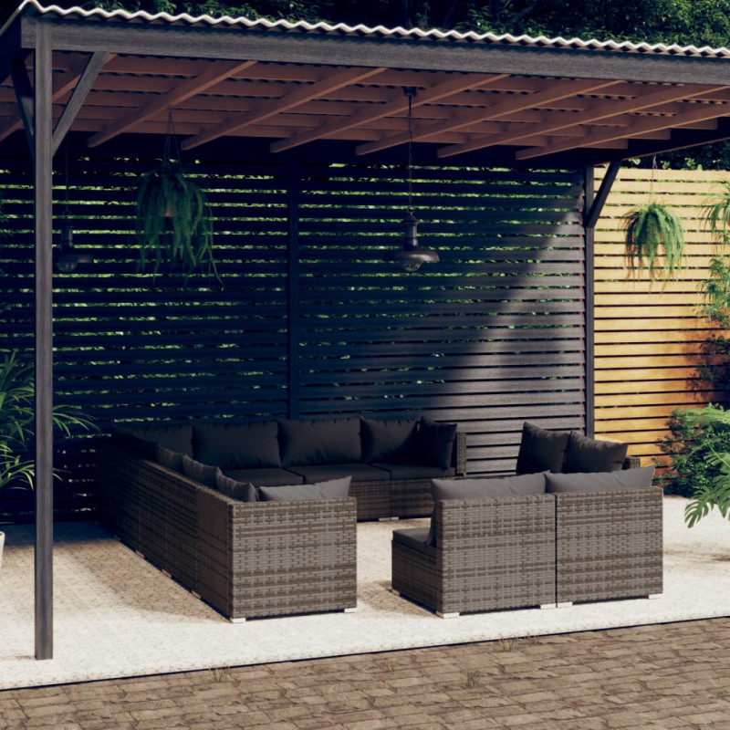 12-tlg. Garten-Lounge-Set mit Kissen Grau Poly Rattan