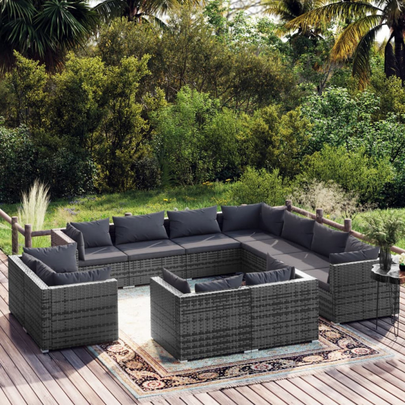 11-tlg. Garten-Lounge-Set mit Kissen Grau Poly Rattan