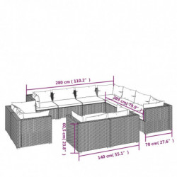 11-tlg. Garten-Lounge-Set mit Kissen Grau Poly Rattan