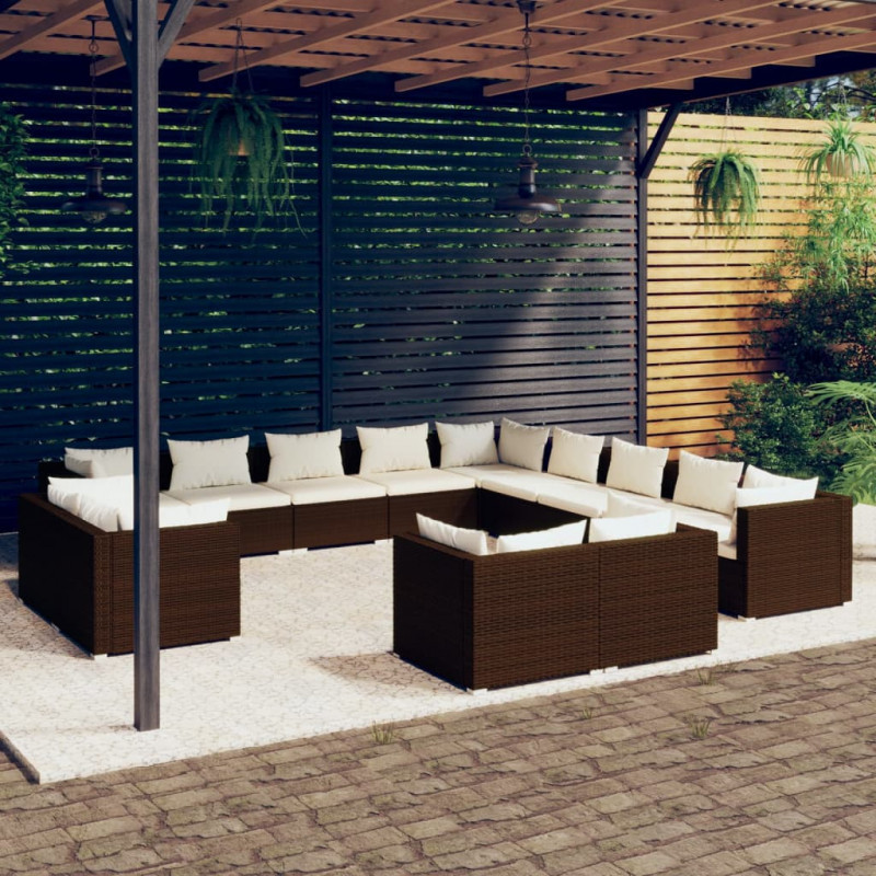 13-tlg. Garten-Lounge-Set mit Kissen Braun Poly Rattan