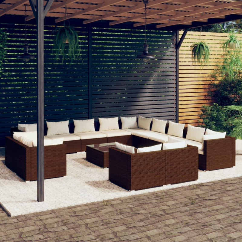 14-tlg. Garten-Lounge-Set mit Kissen Braun Poly Rattan