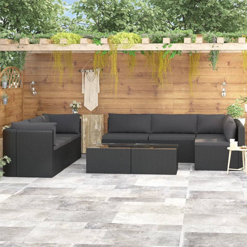 9-tlg. Garten-Lounge-Set mit Auflagen Poly Rattan Schwarz