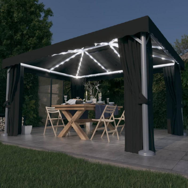Pavillon mit Vorhängen & LED-Lichterkette 4x3 m Anthrazit