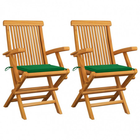 Gartenstühle mit Grünen Kissen 2 Stk. Massivholz Teak