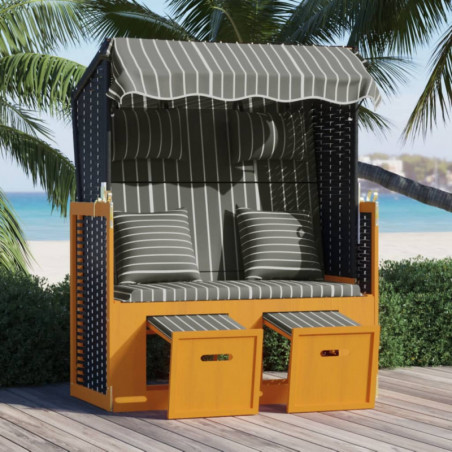 Strandkorb mit Kissen Poly Rattan und Massivholz Schwarz & Grau