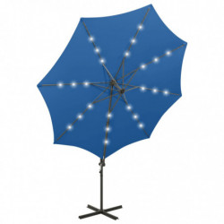 Ampelschirm mit Mast und LED-Leuchten Azurblau 300 cm