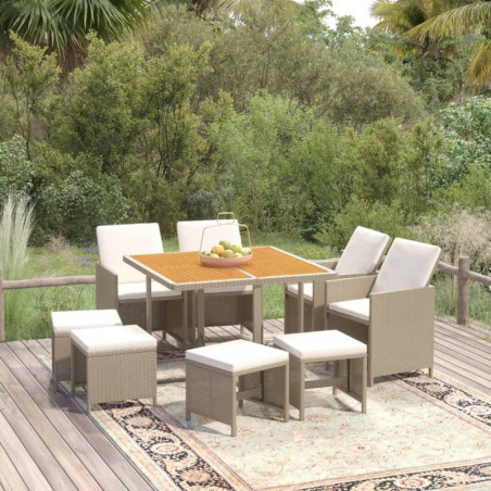 9-tlg. Garten-Essgruppe mit Kissen Poly Rattan Beige