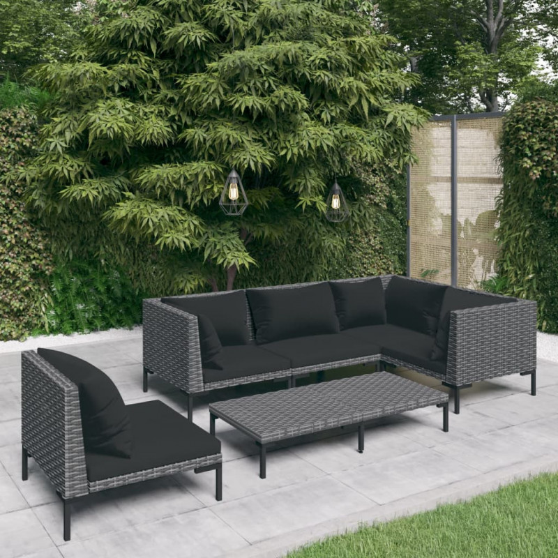 6-tlg. Garten-Lounge-Set mit Auflagen Poly Rattan Dunkelgrau