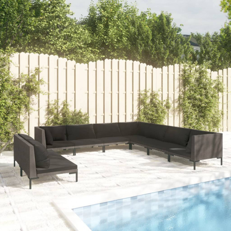 9-tlg. Garten-Lounge-Set mit Auflagen Poly Rattan Dunkelgrau