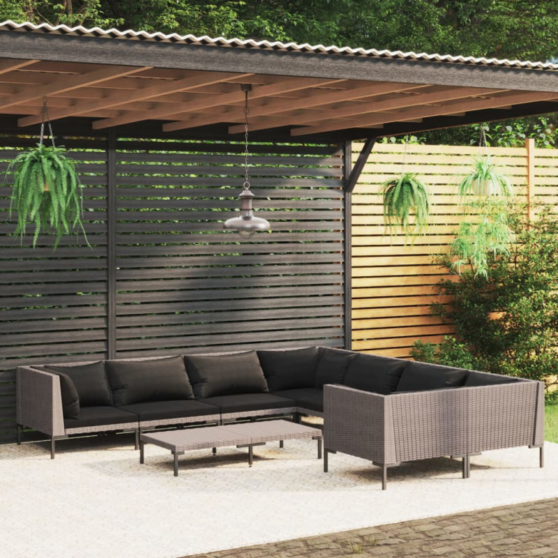 9-tlg. Garten-Lounge-Set mit Auflagen Poly Rattan Dunkelgrau