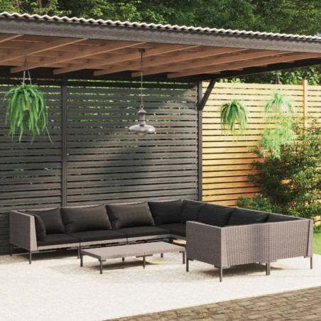 9-tlg. Garten-Lounge-Set mit Auflagen Poly Rattan Dunkelgrau