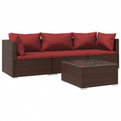 4-tlg. Garten-Lounge-Set mit Kissen Poly Rattan Braun