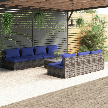 8-tlg. Garten-Lounge-Set mit Kissen Poly Rattan Grau