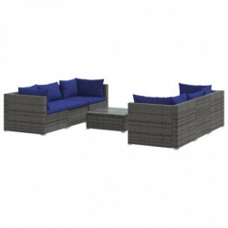 7-tlg. Garten-Lounge-Set mit Kissen Poly Rattan Grau