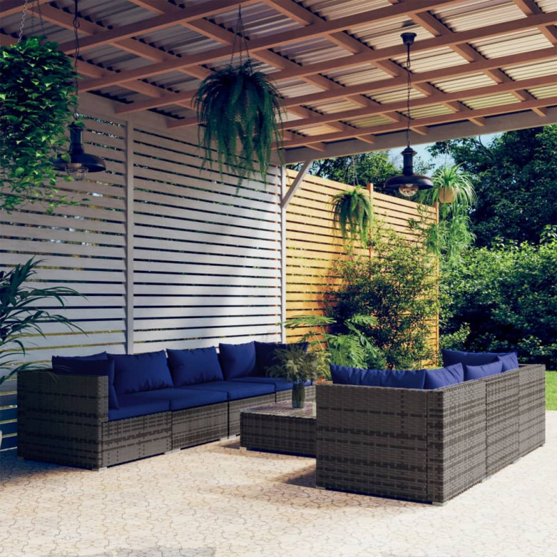 8-tlg. Garten-Lounge-Set mit Kissen Poly Rattan Grau