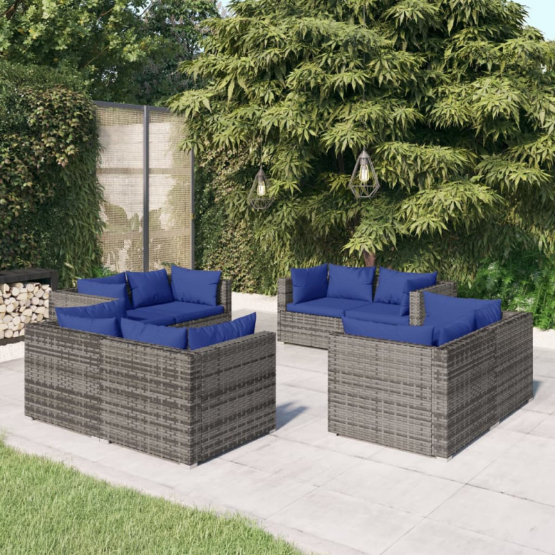 8-tlg. Garten-Lounge-Set mit Kissen Poly Rattan Grau