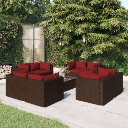 9-tlg. Garten-Lounge-Set mit Kissen Poly Rattan Braun