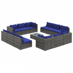 13-tlg. Garten-Lounge-Set mit Kissen Poly Rattan Grau