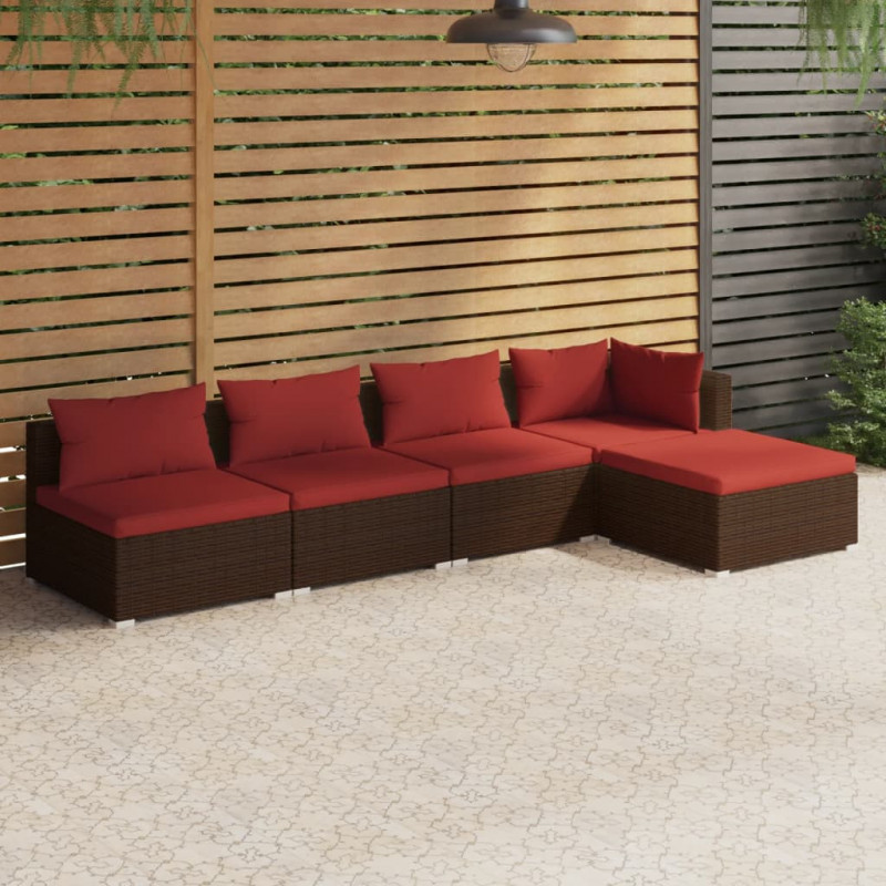 5-tlg. Garten-Lounge-Set mit Kissen Poly Rattan Braun