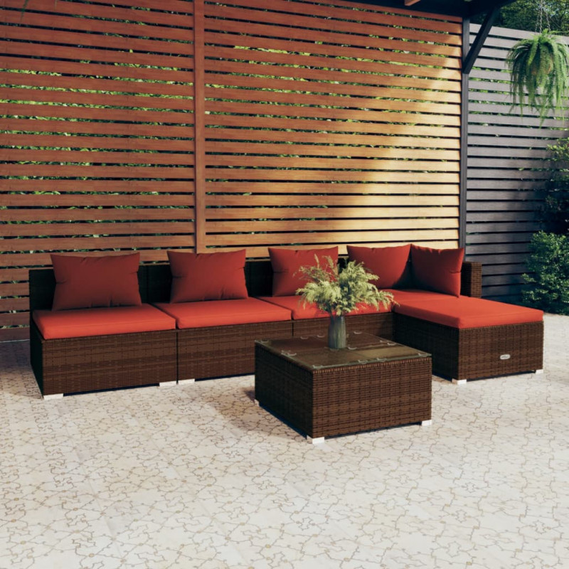 6-tlg. Garten-Lounge-Set mit Kissen Poly Rattan Braun